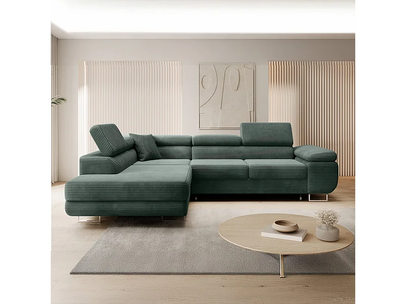Canapé d'angle gauche convertible Marius velours côtelé Vert