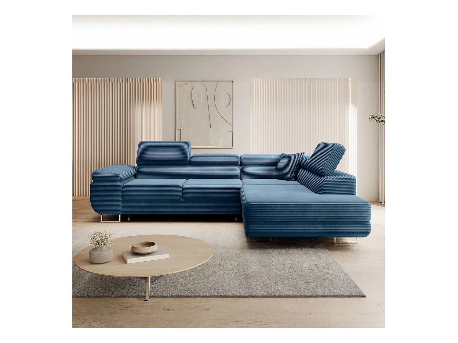 Canapé d'angle droit convertible Marius velours côtelé Bleu