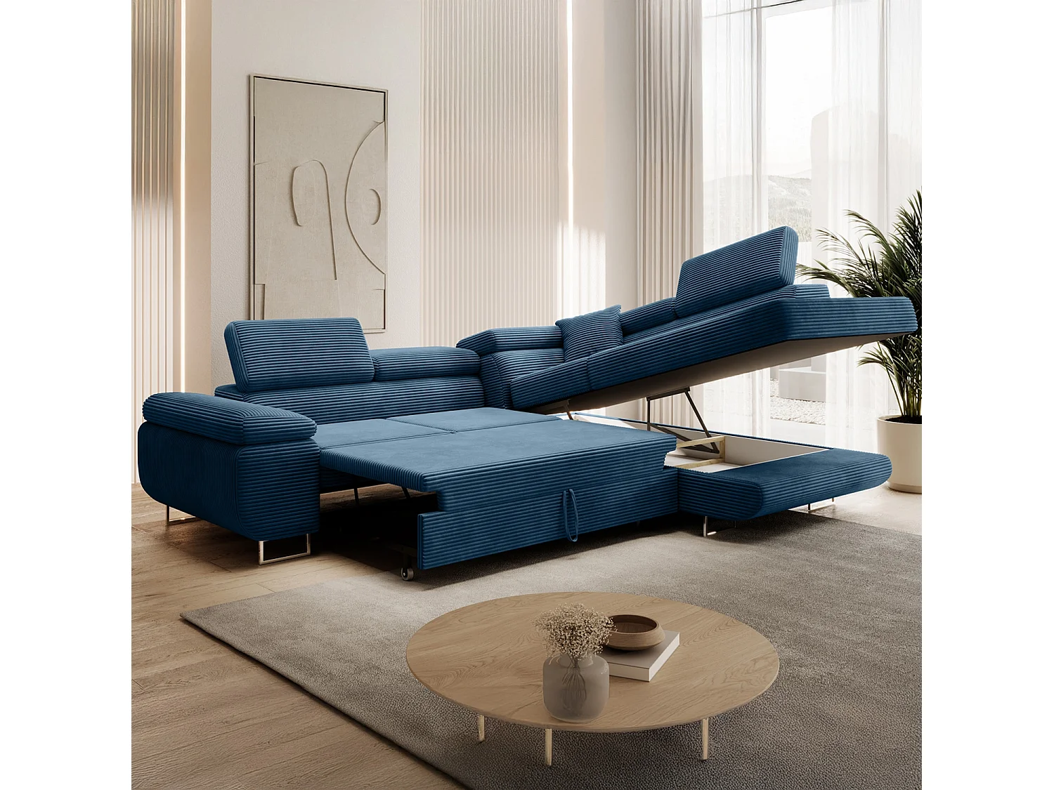 Canapé d'angle droit convertible Marius velours côtelé Bleu