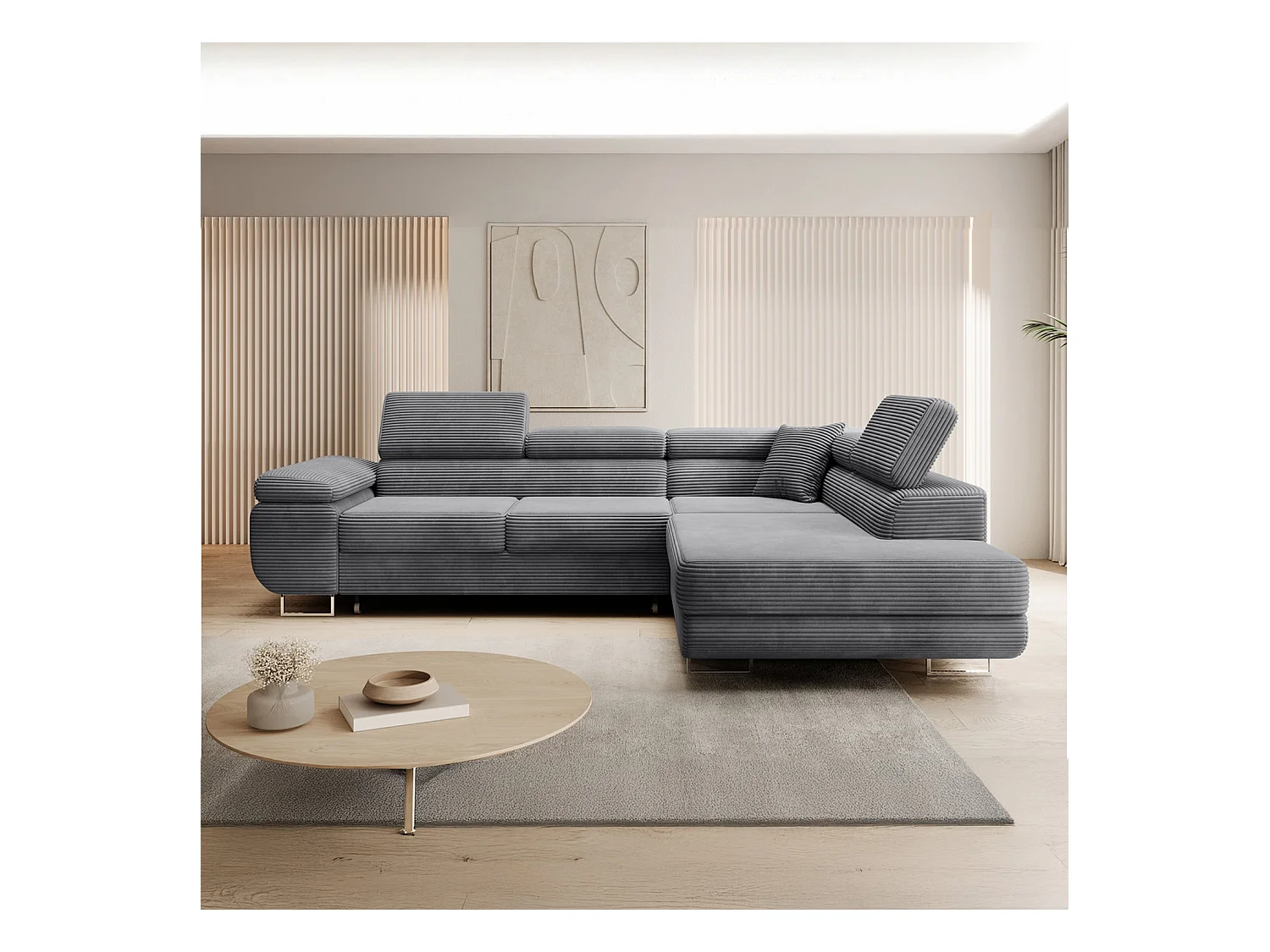 Canapé d'angle droit convertible Marius velours côtelé Gris foncé