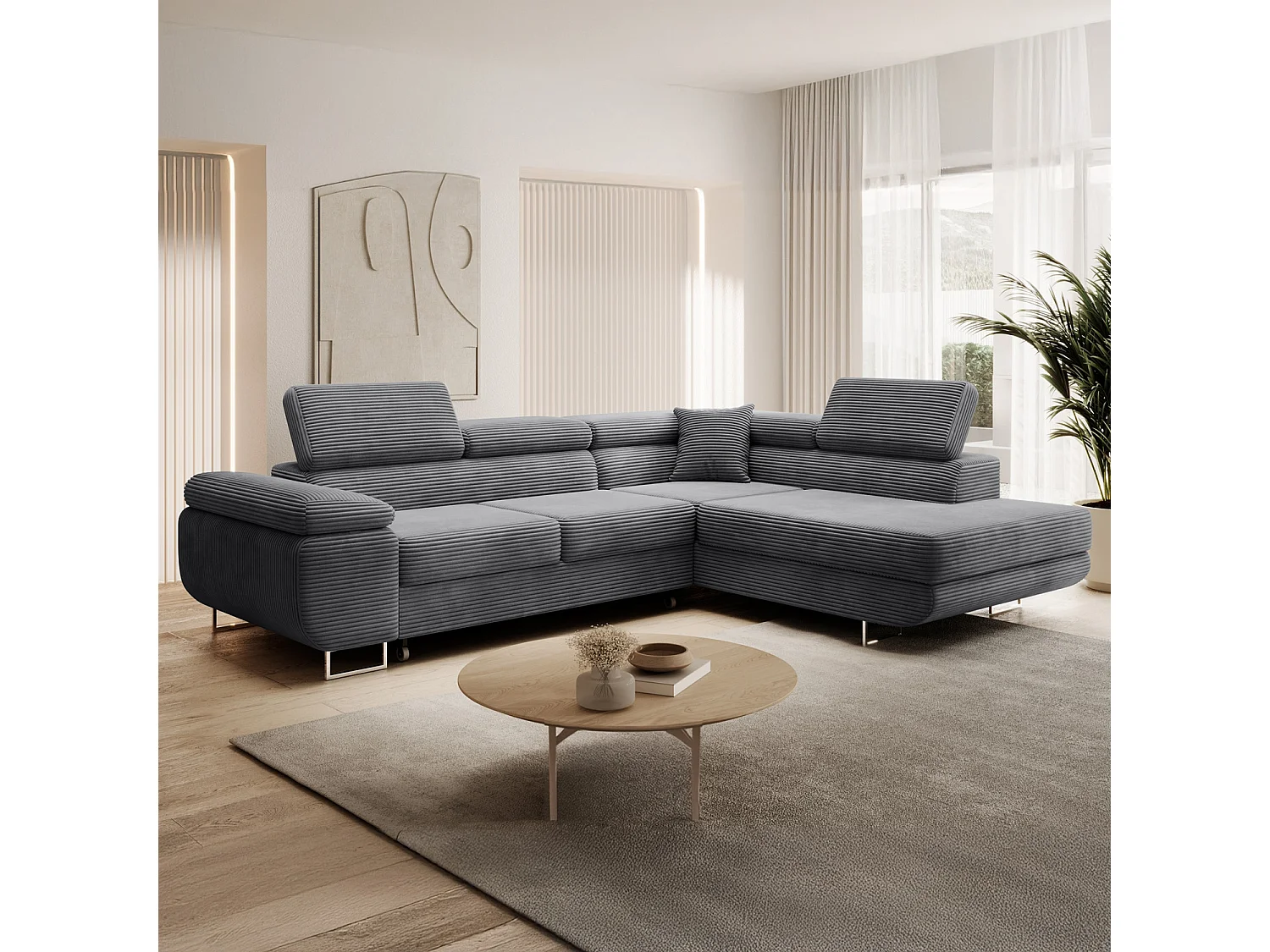 Canapé d'angle droit convertible Marius velours côtelé Gris foncé