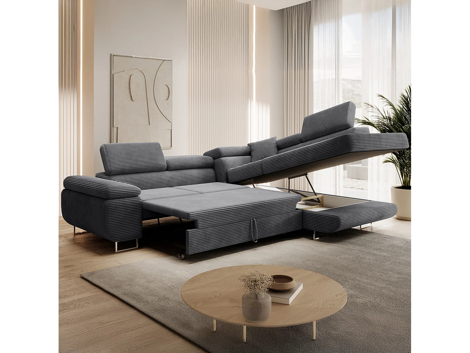 Canapé d'angle droit convertible Marius velours côtelé Gris foncé