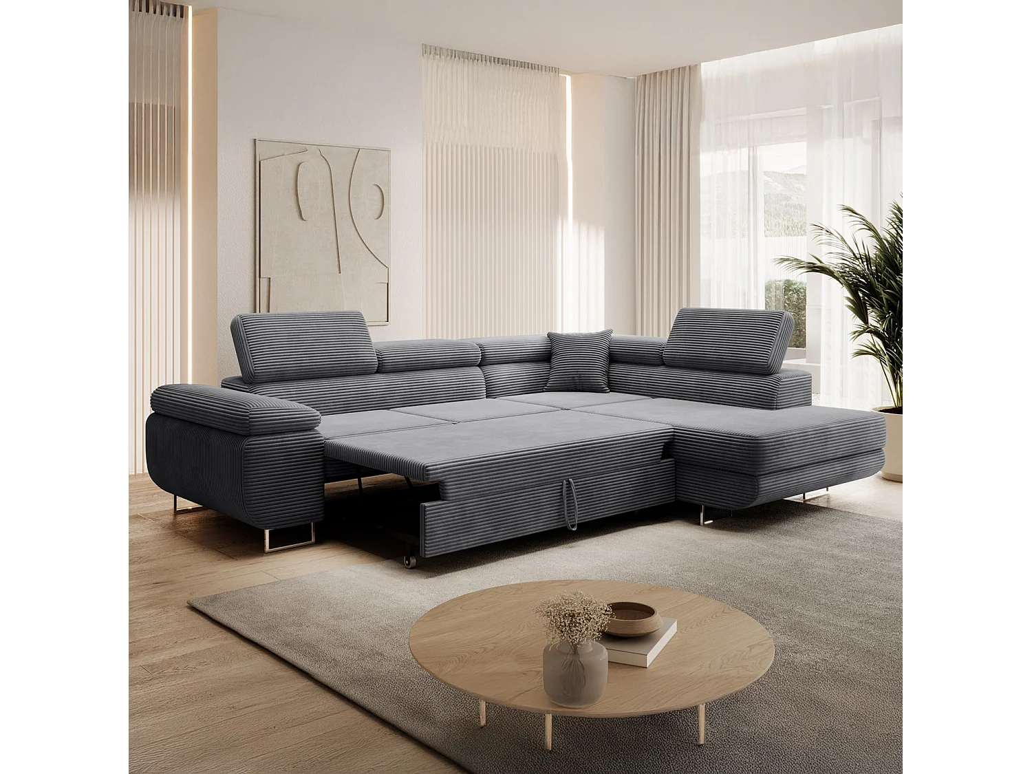 Canapé d'angle droit convertible Marius velours côtelé Gris foncé
