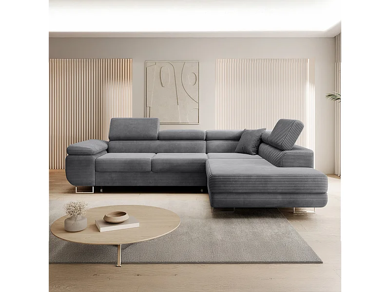 Canapé d'angle droit convertible Marius velours côtelé Gris foncé