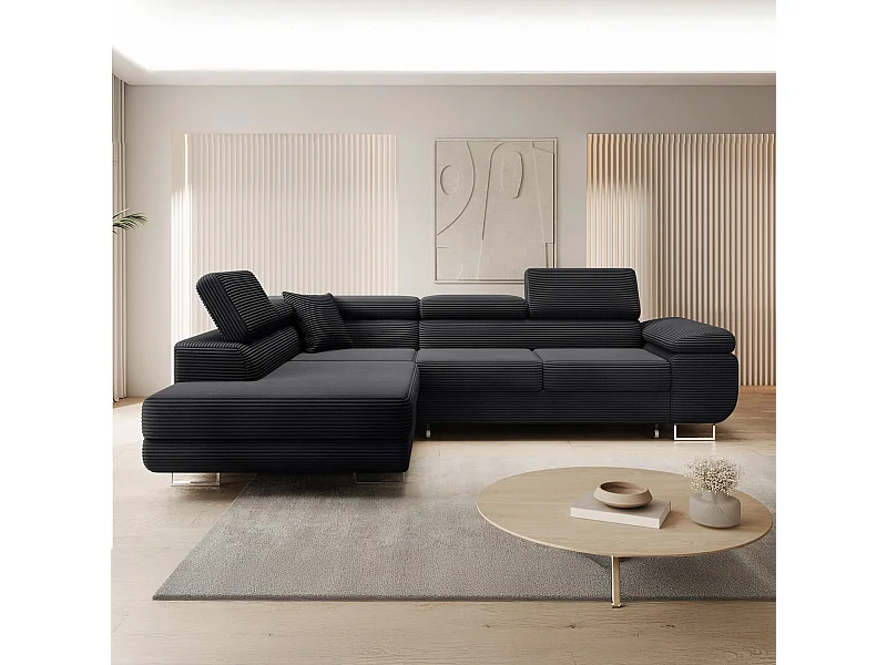 Canapé d'angle gauche convertible Marius velours côtelé Noir