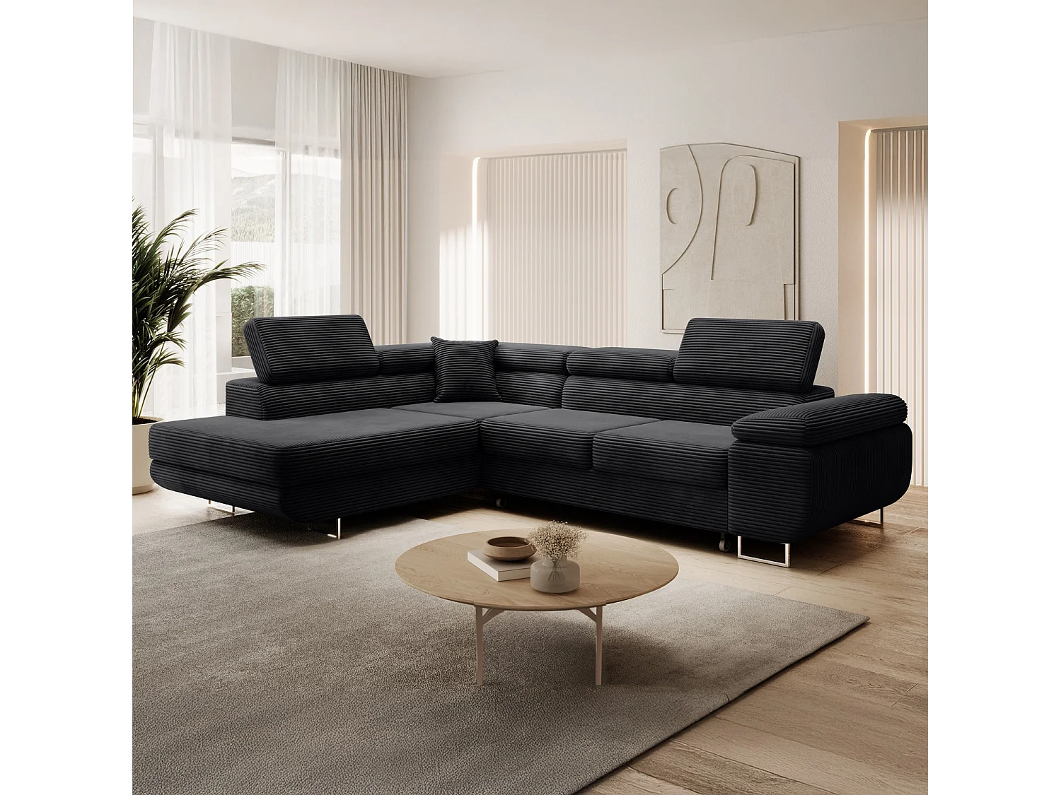 Canapé d'angle gauche convertible Marius velours côtelé Noir
