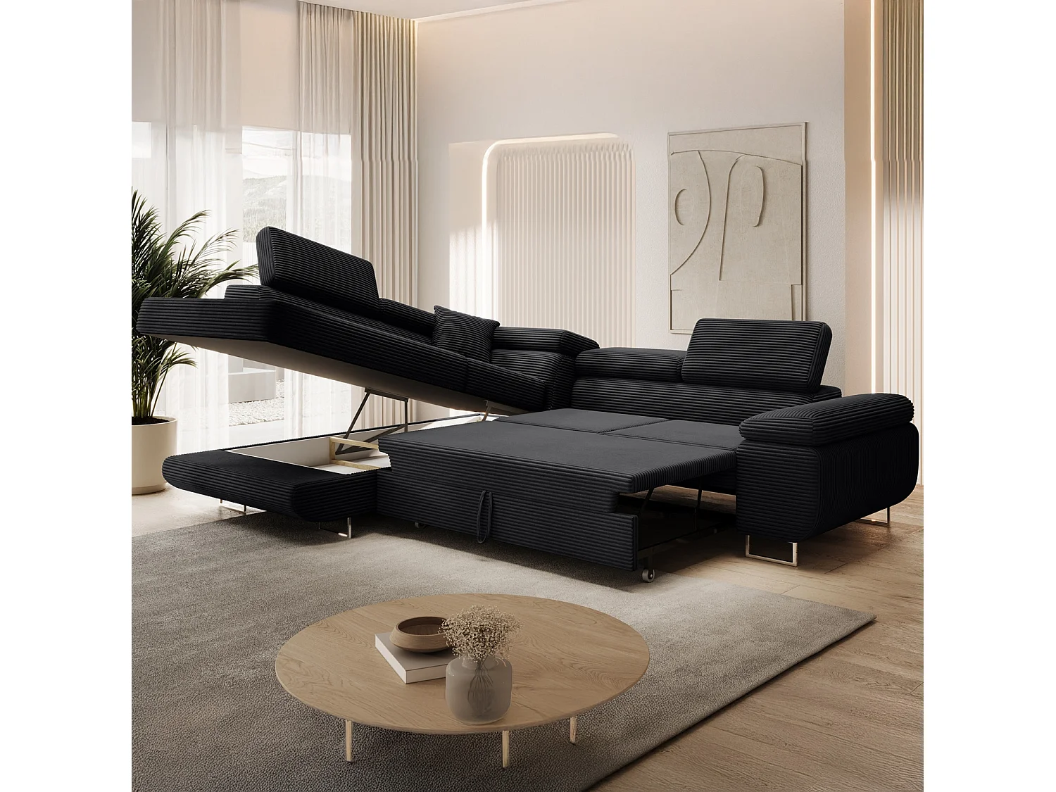 Canapé d'angle gauche convertible Marius velours côtelé Noir