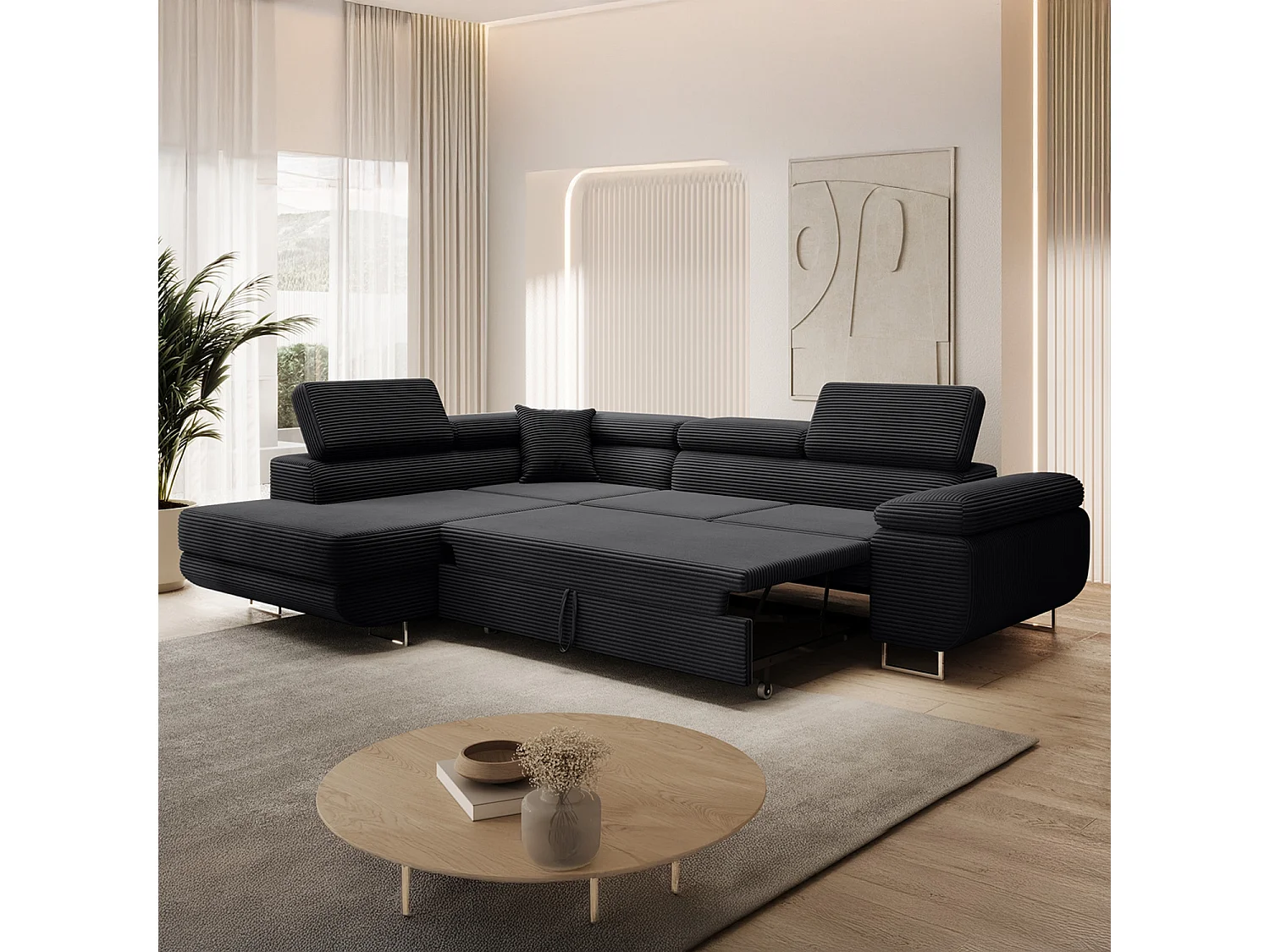Canapé d'angle gauche convertible Marius velours côtelé Noir