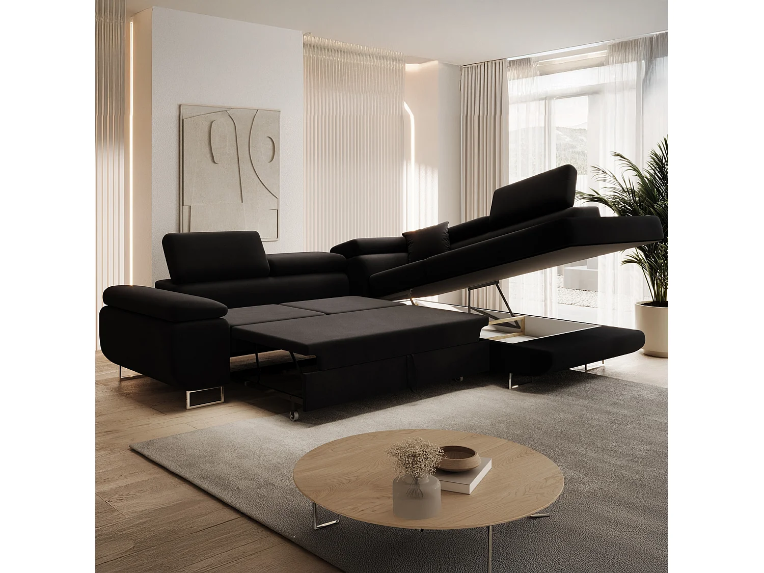 Canapé d'angle droit convertible Marius velours Noir