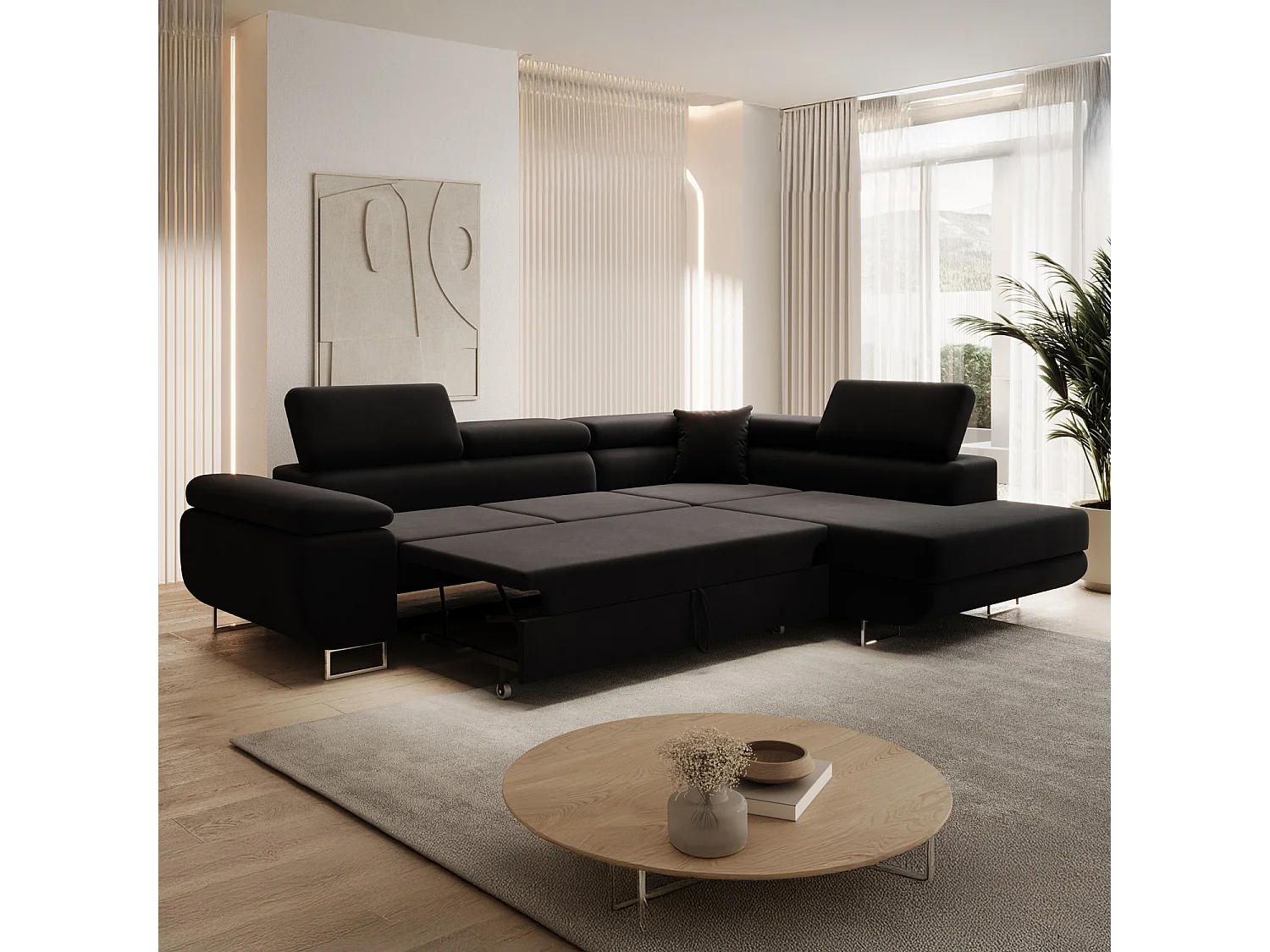 Canapé d'angle droit convertible Marius velours Noir