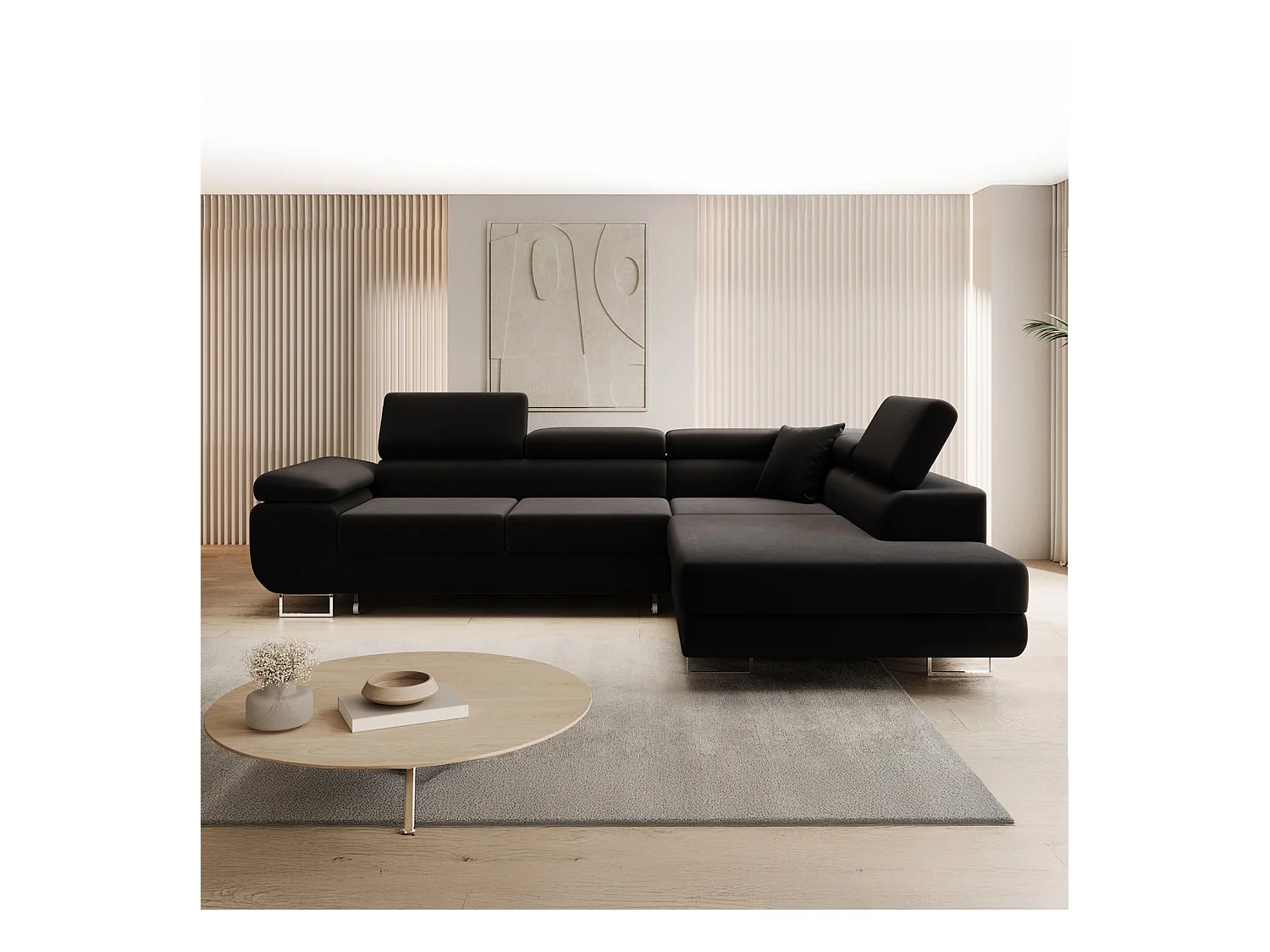 Canapé d'angle droit convertible Marius velours Noir