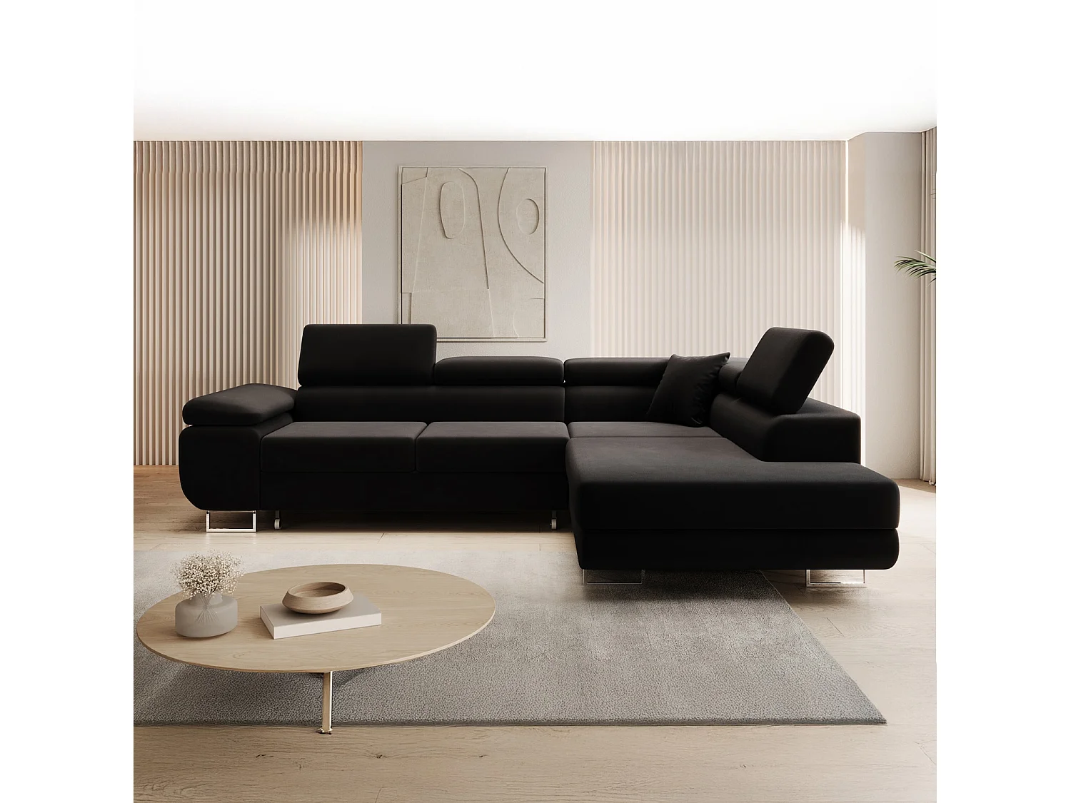 Canapé d'angle droit convertible Marius velours Noir