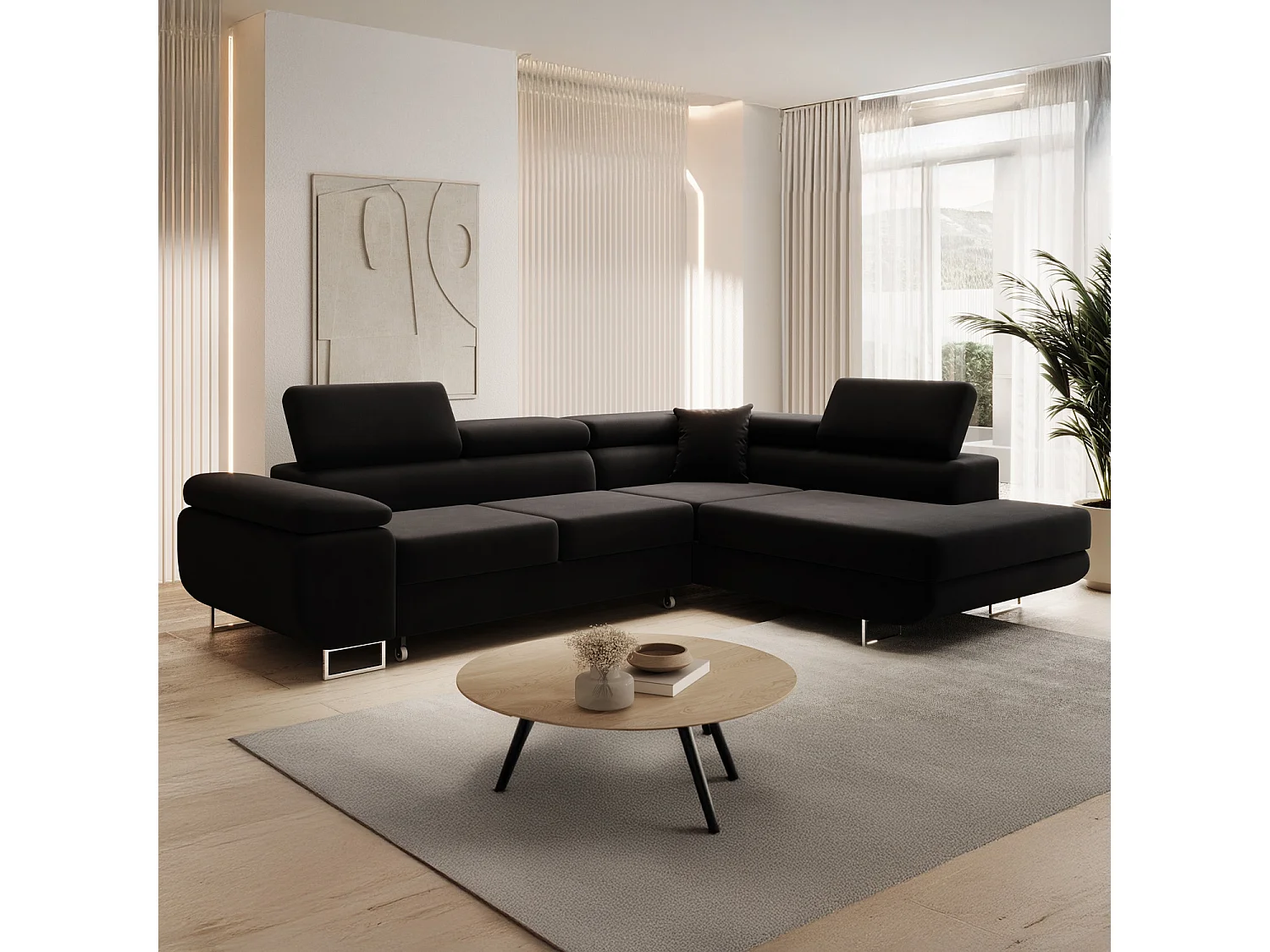 Canapé d'angle droit convertible Marius velours Noir