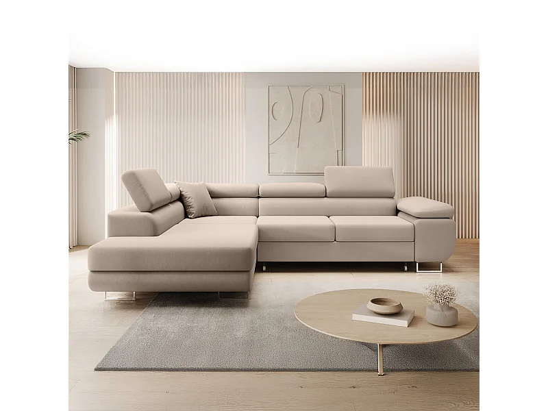 Canapé d'angle gauche convertible Marius velours Beige