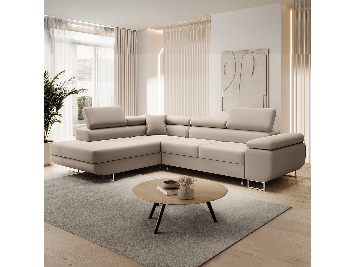 Canapé d'angle gauche convertible Marius velours Beige