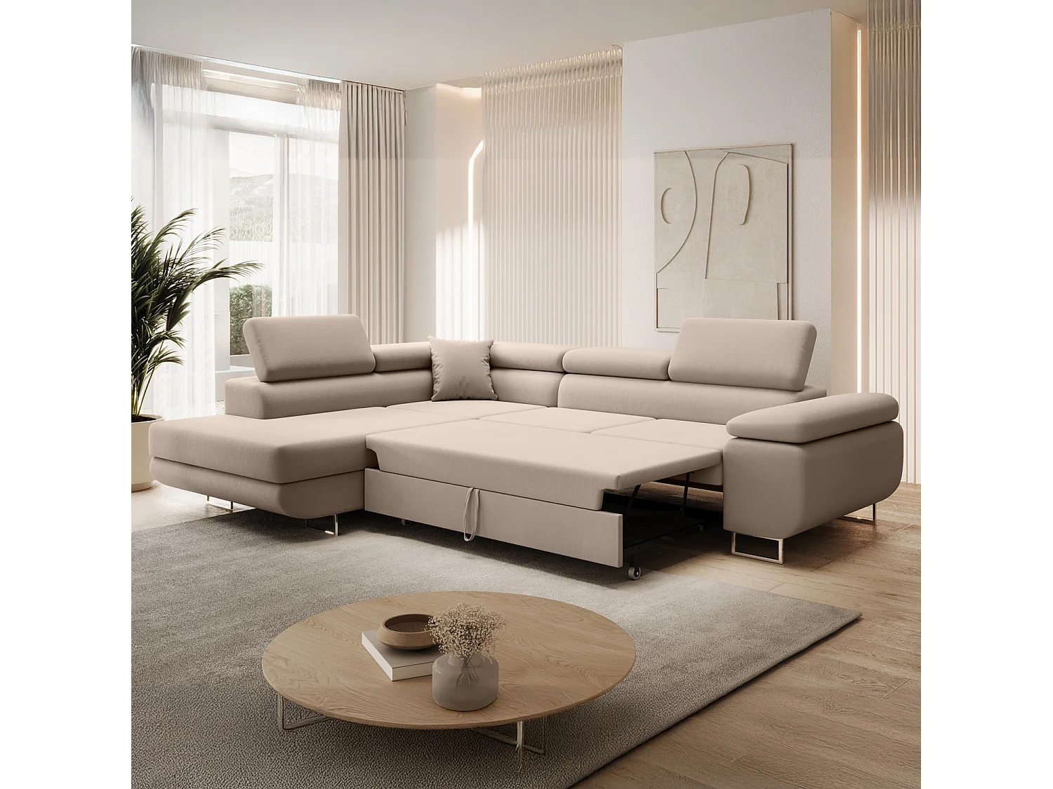 Canapé d'angle gauche convertible Marius velours Beige