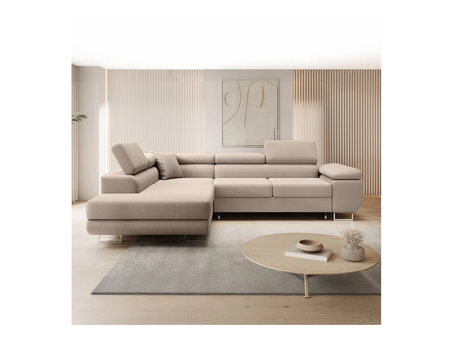 Canapé d'angle gauche convertible Marius velours Beige