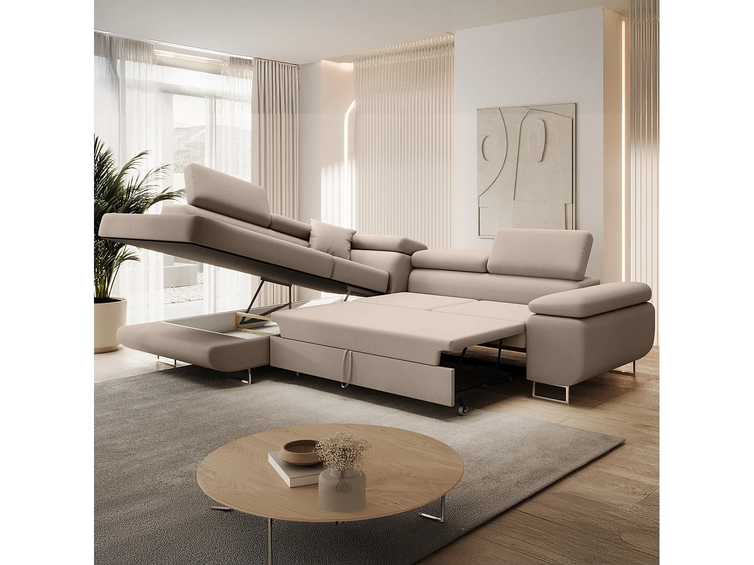 Canapé d'angle gauche convertible Marius velours Beige