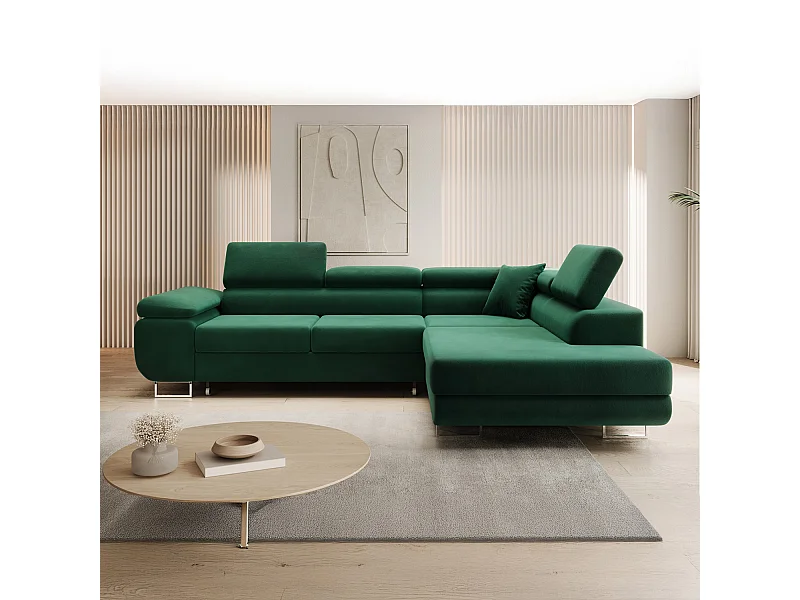 Canapé d'angle droit convertible Marius velours Vert