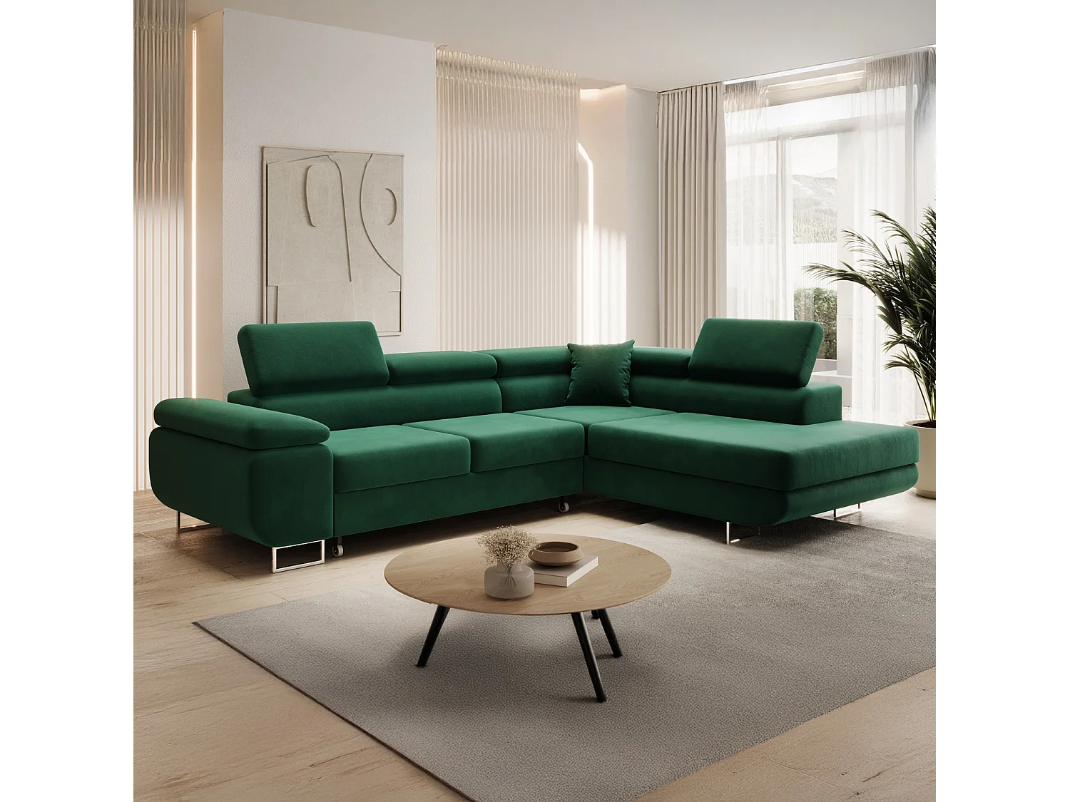 Canapé d'angle droit convertible Marius velours Vert