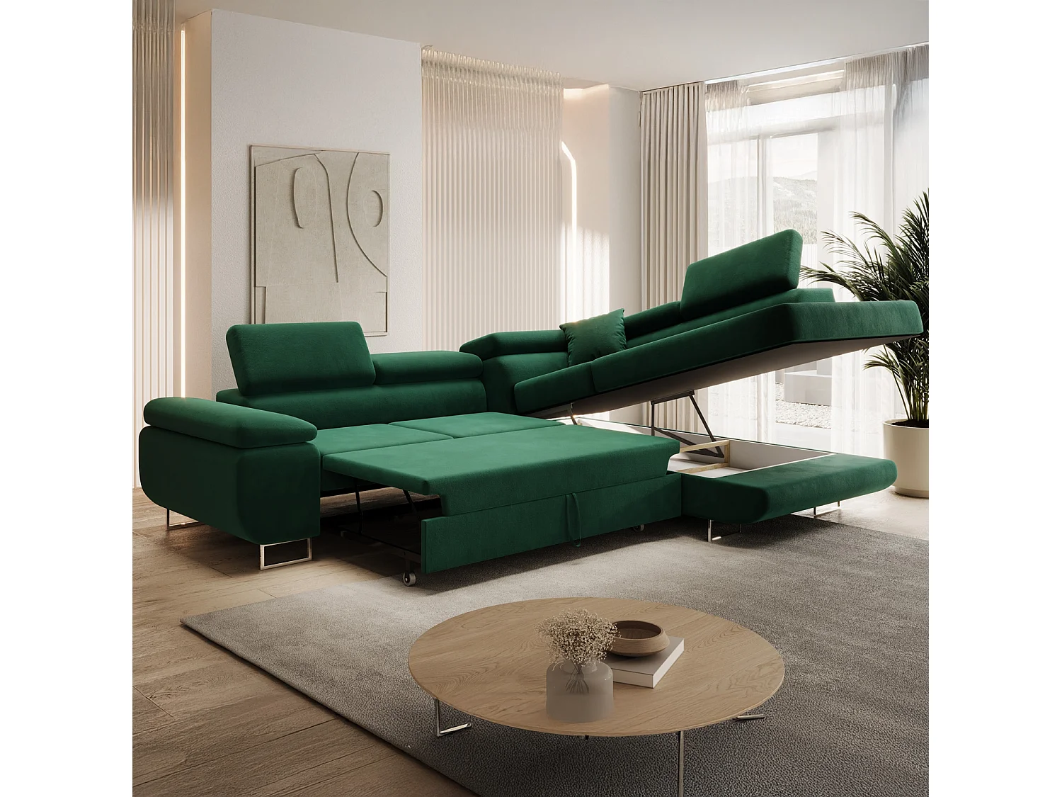 Canapé d'angle droit convertible Marius velours Vert