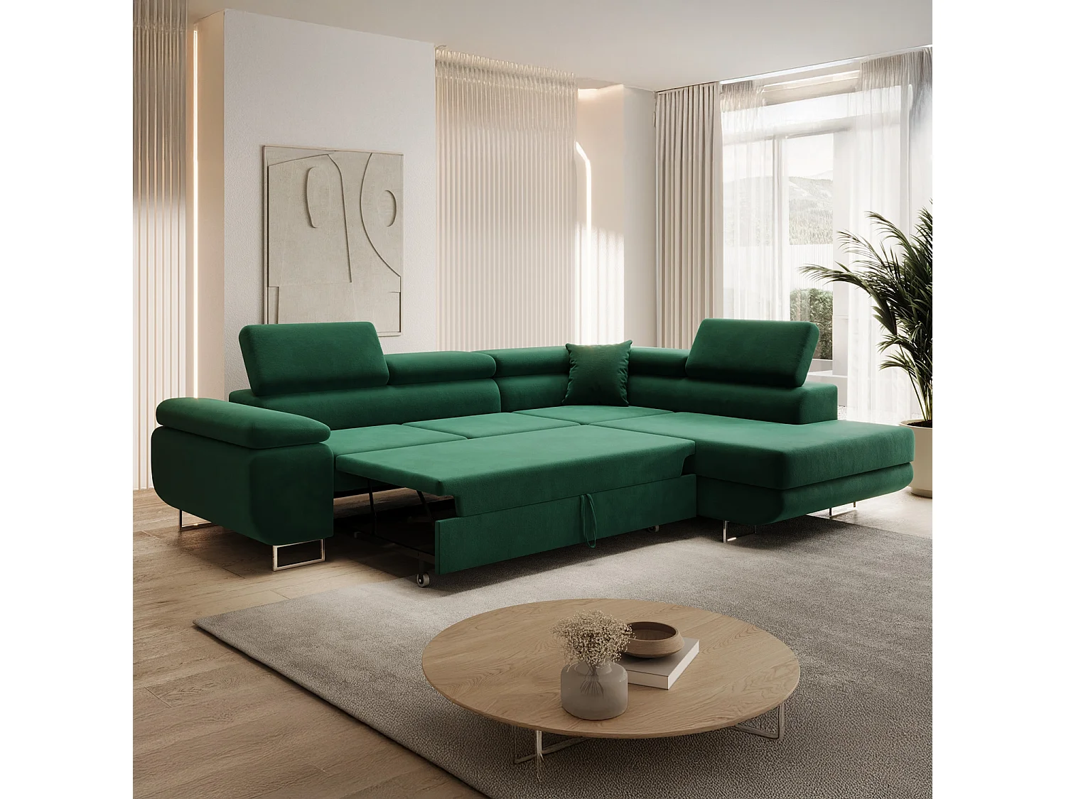 Canapé d'angle droit convertible Marius velours Vert