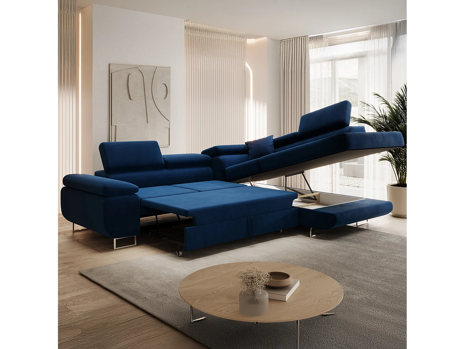 Canapé d'angle droit convertible Marius velours Bleu