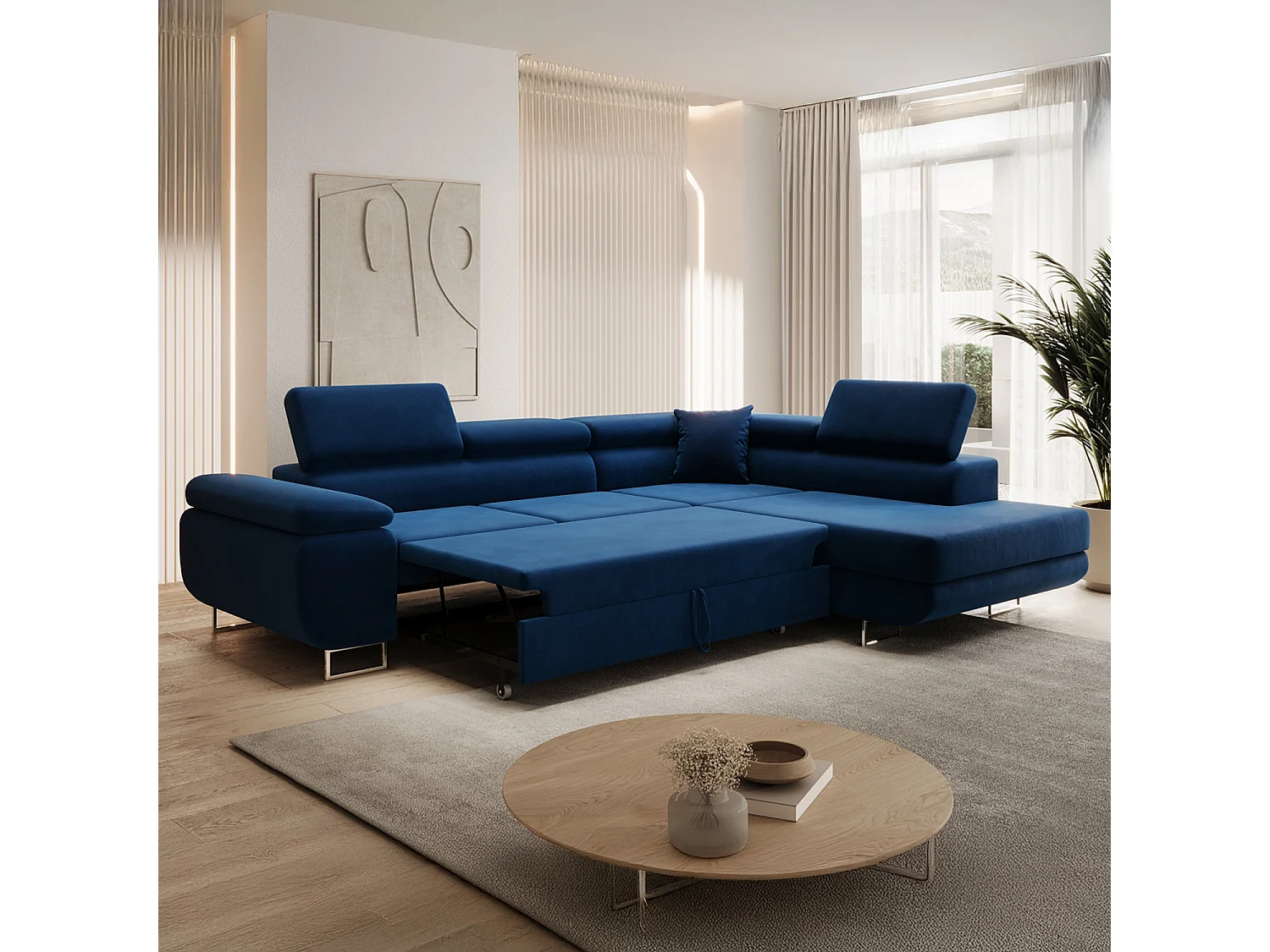 Canapé d'angle droit convertible Marius velours Bleu