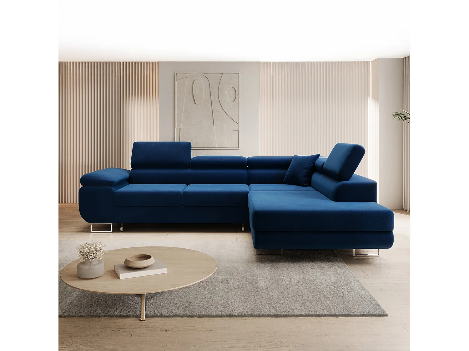 Canapé d'angle droit convertible Marius velours Bleu