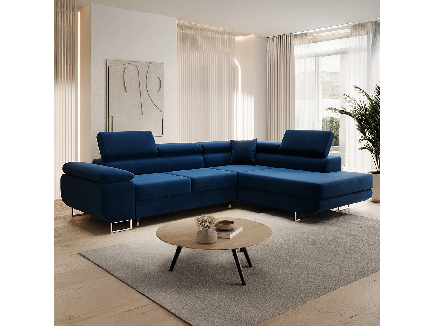 Canapé d'angle droit convertible Marius velours Bleu