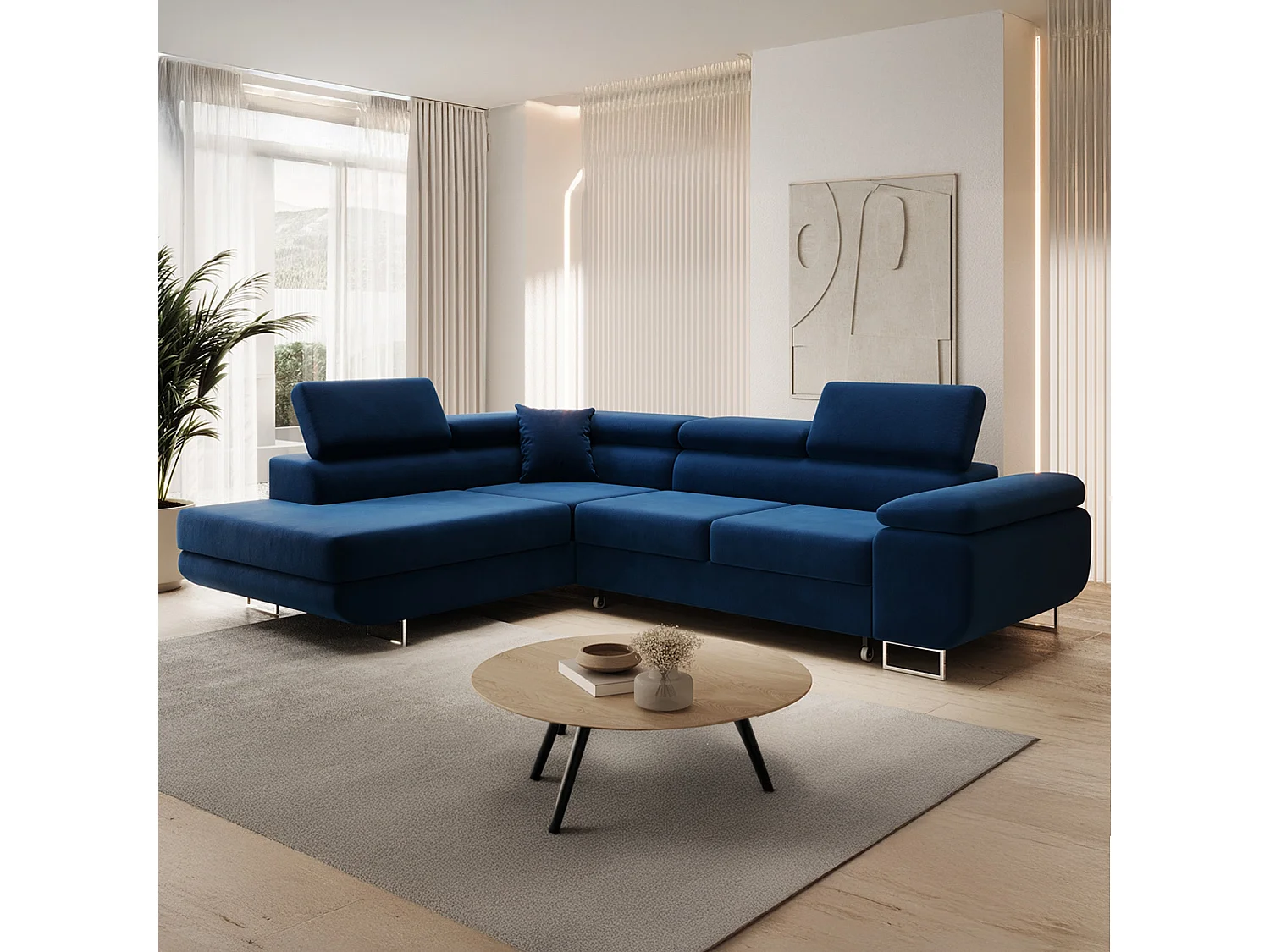 Canapé d'angle gauche convertible Marius velours Bleu