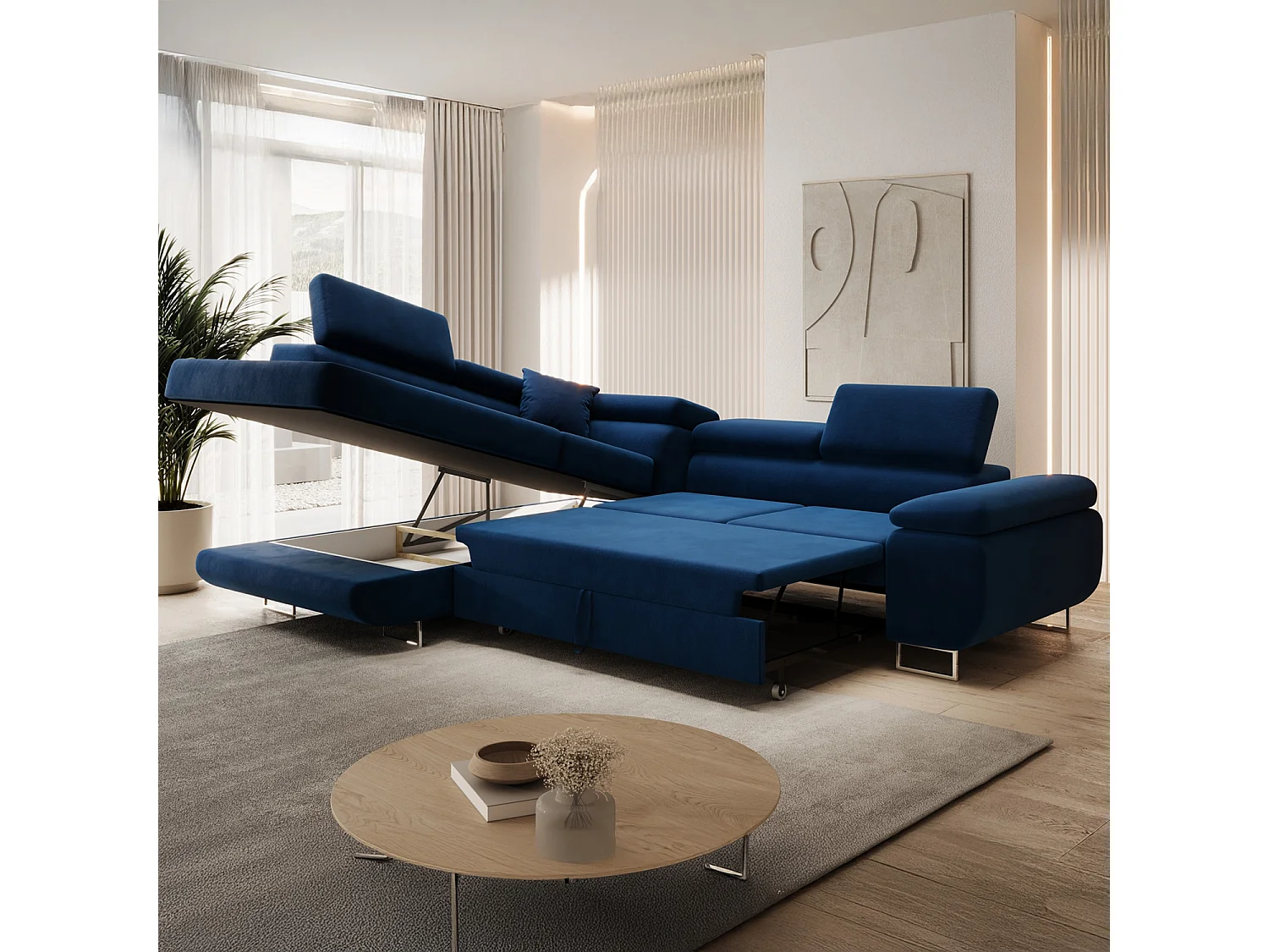 Canapé d'angle gauche convertible Marius velours Bleu