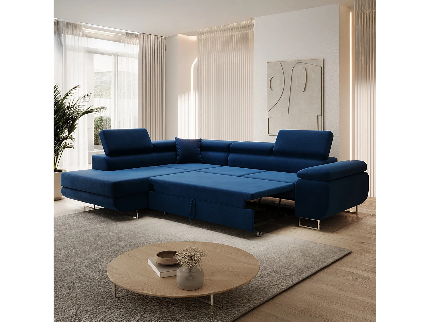 Canapé d'angle gauche convertible Marius velours Bleu