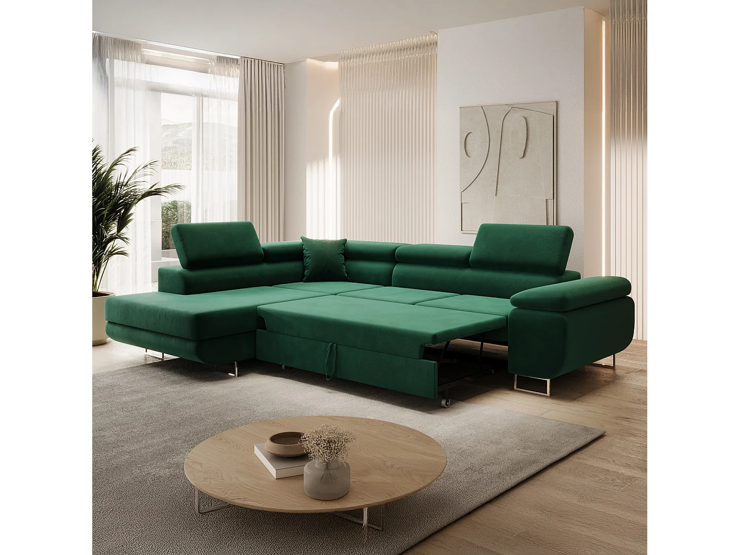 Canapé d'angle gauche convertible Marius velours Vert