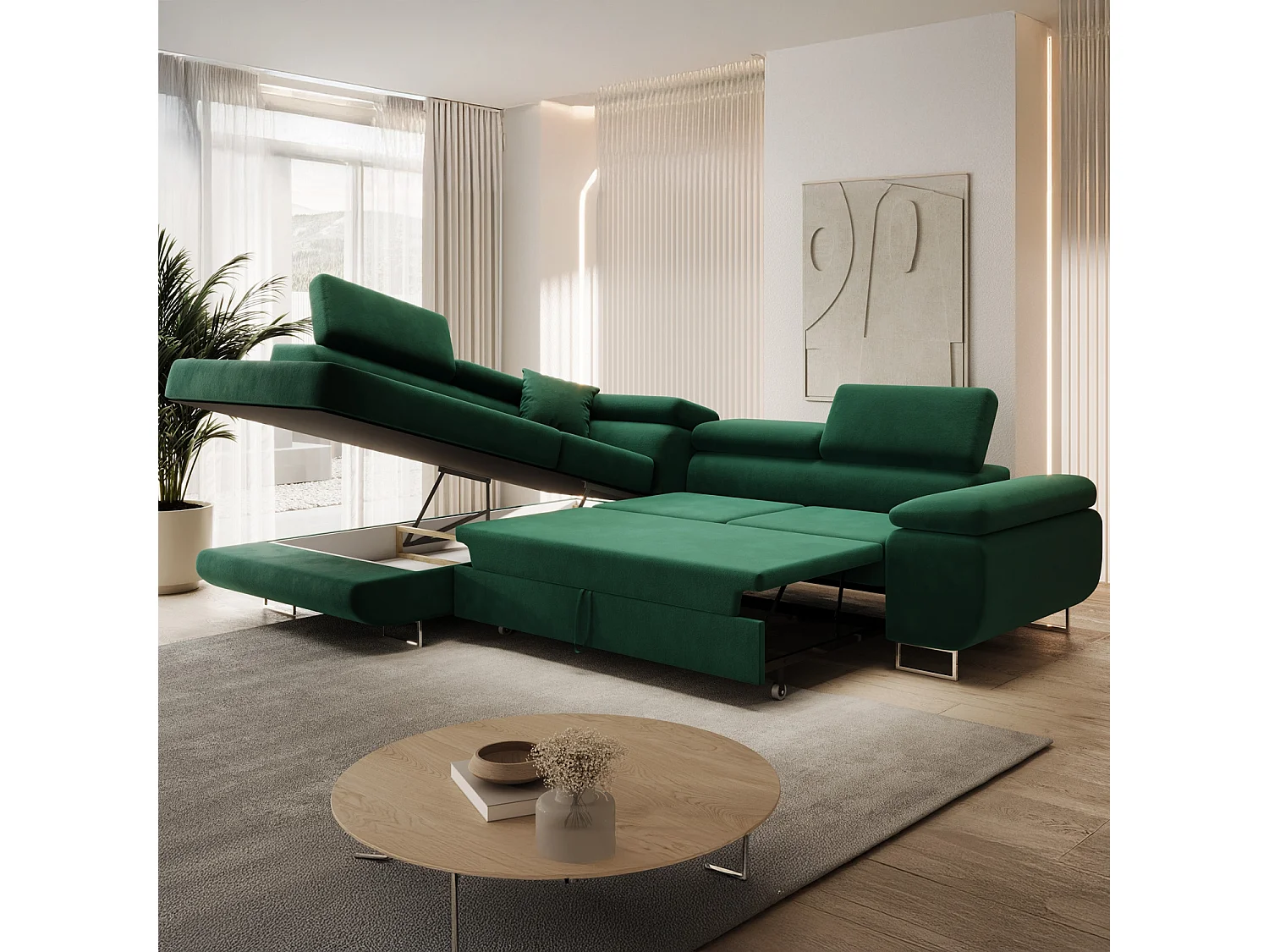 Canapé d'angle gauche convertible Marius velours Vert