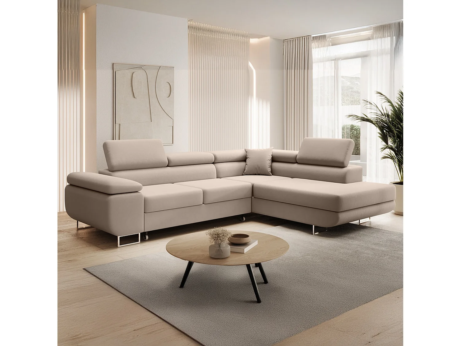 Canapé d'angle droit convertible Marius velours Beige