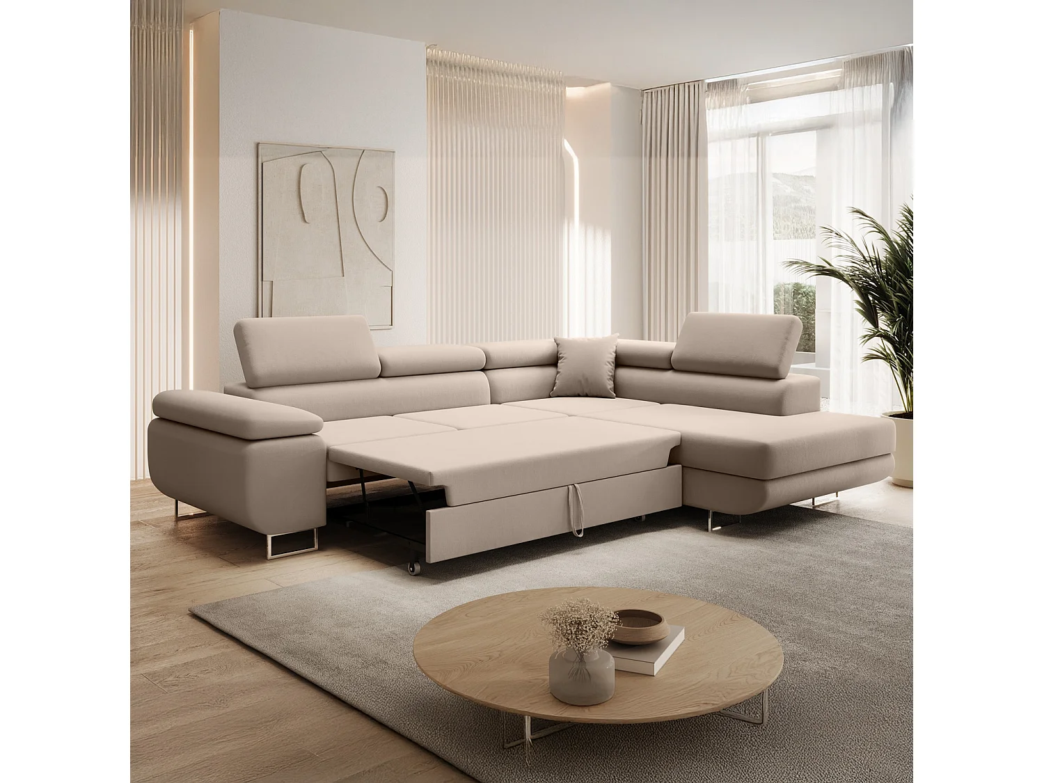 Canapé d'angle droit convertible Marius velours Beige