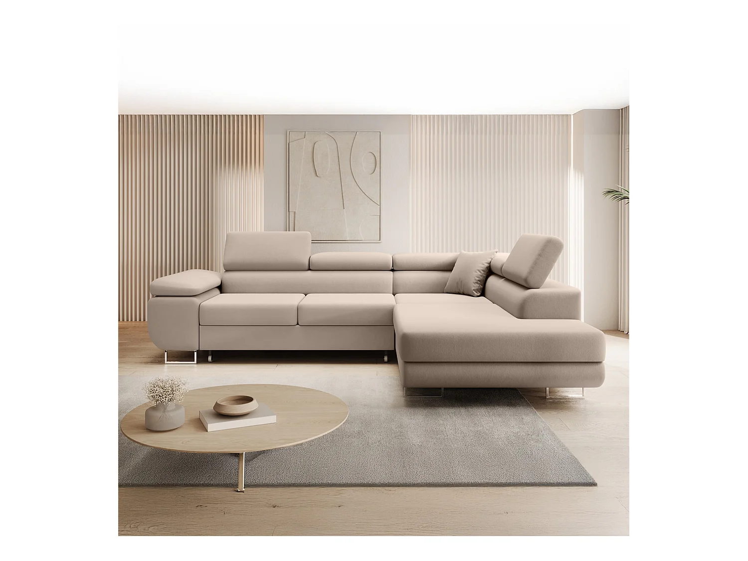 Canapé d'angle droit convertible Marius velours Beige