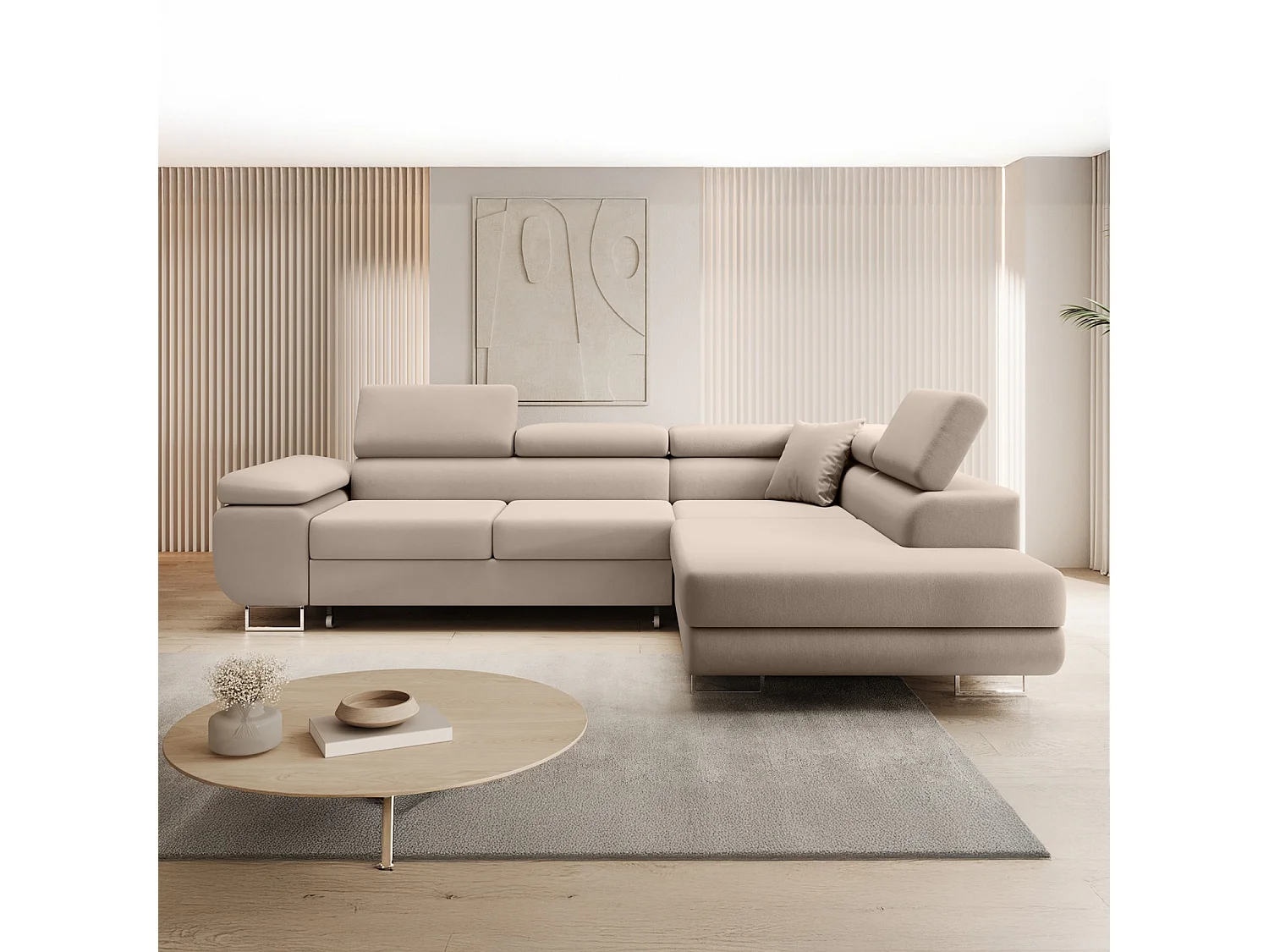 Canapé d'angle droit convertible Marius velours Beige