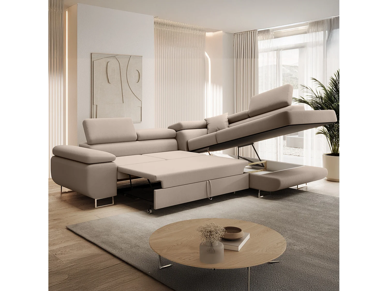 Canapé d'angle droit convertible Marius velours Beige