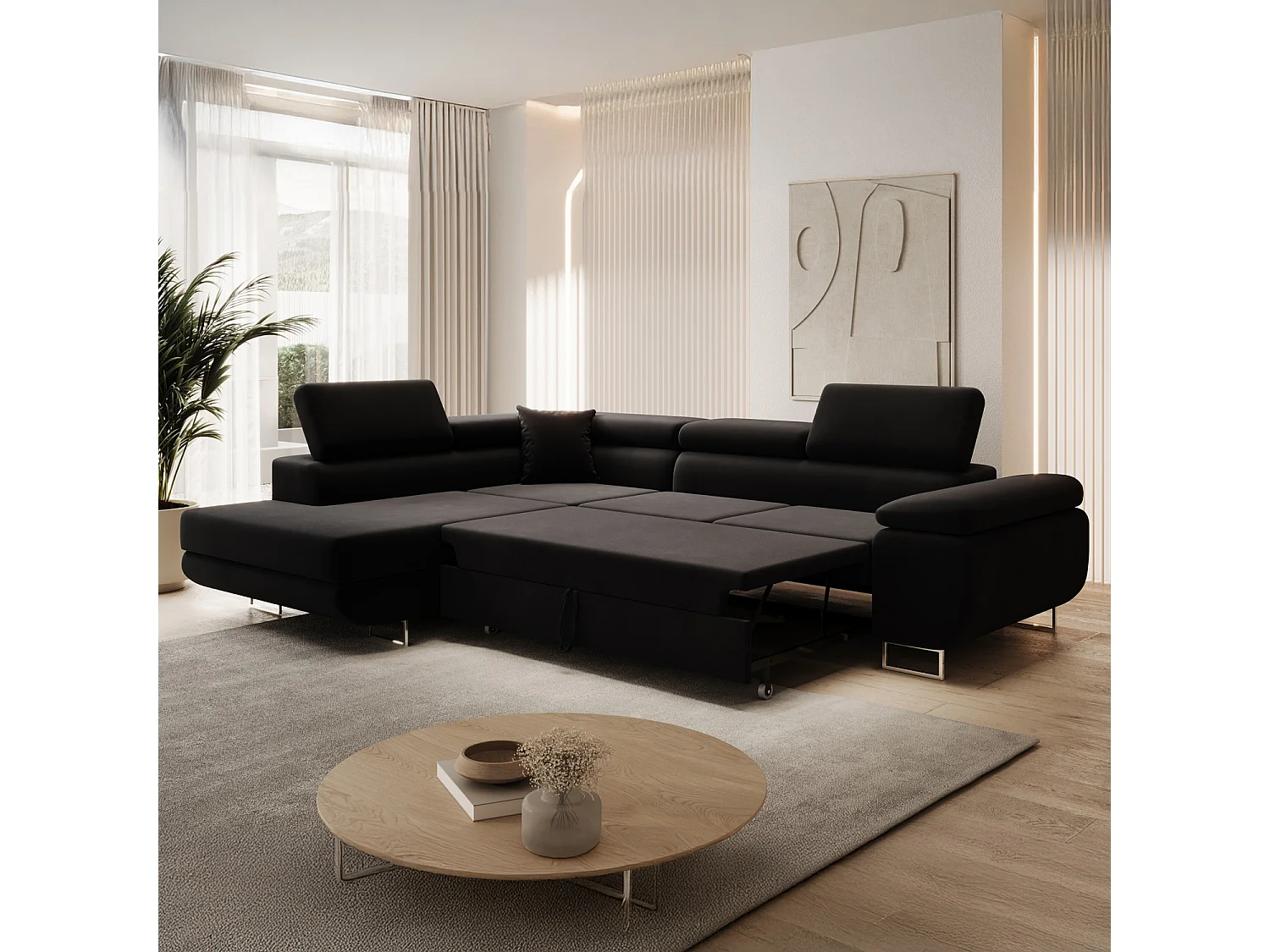 Canapé d'angle gauche convertible Marius velours Noir