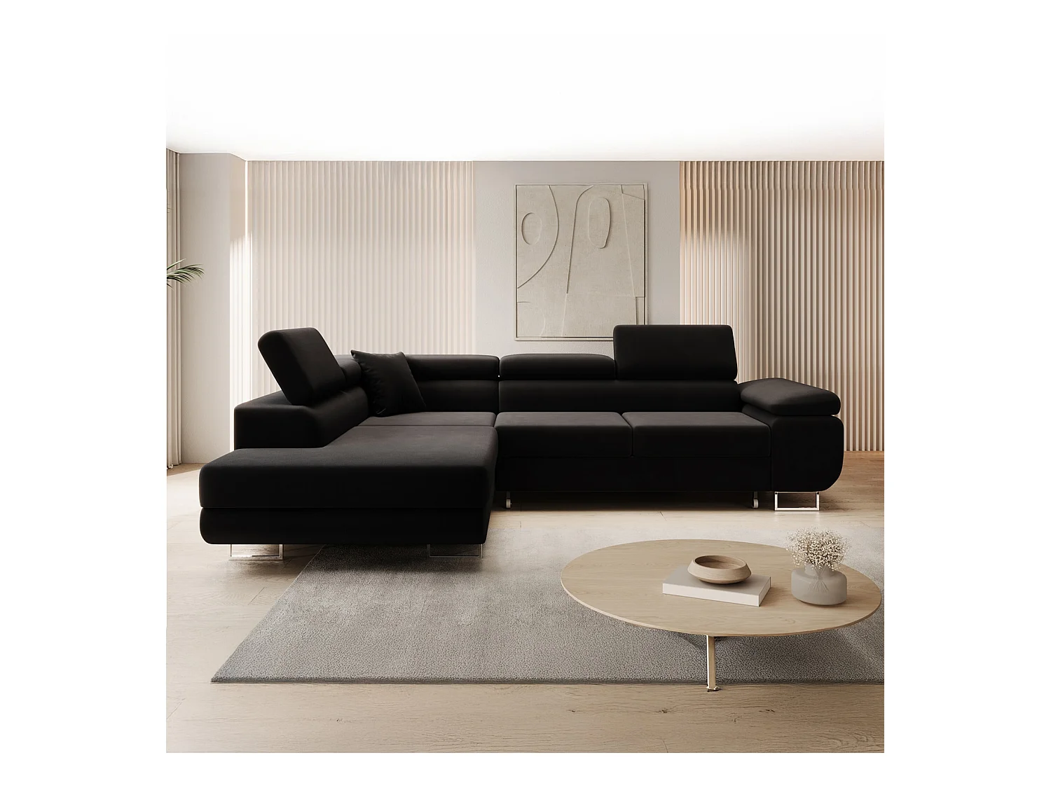 Canapé d'angle gauche convertible Marius velours Noir