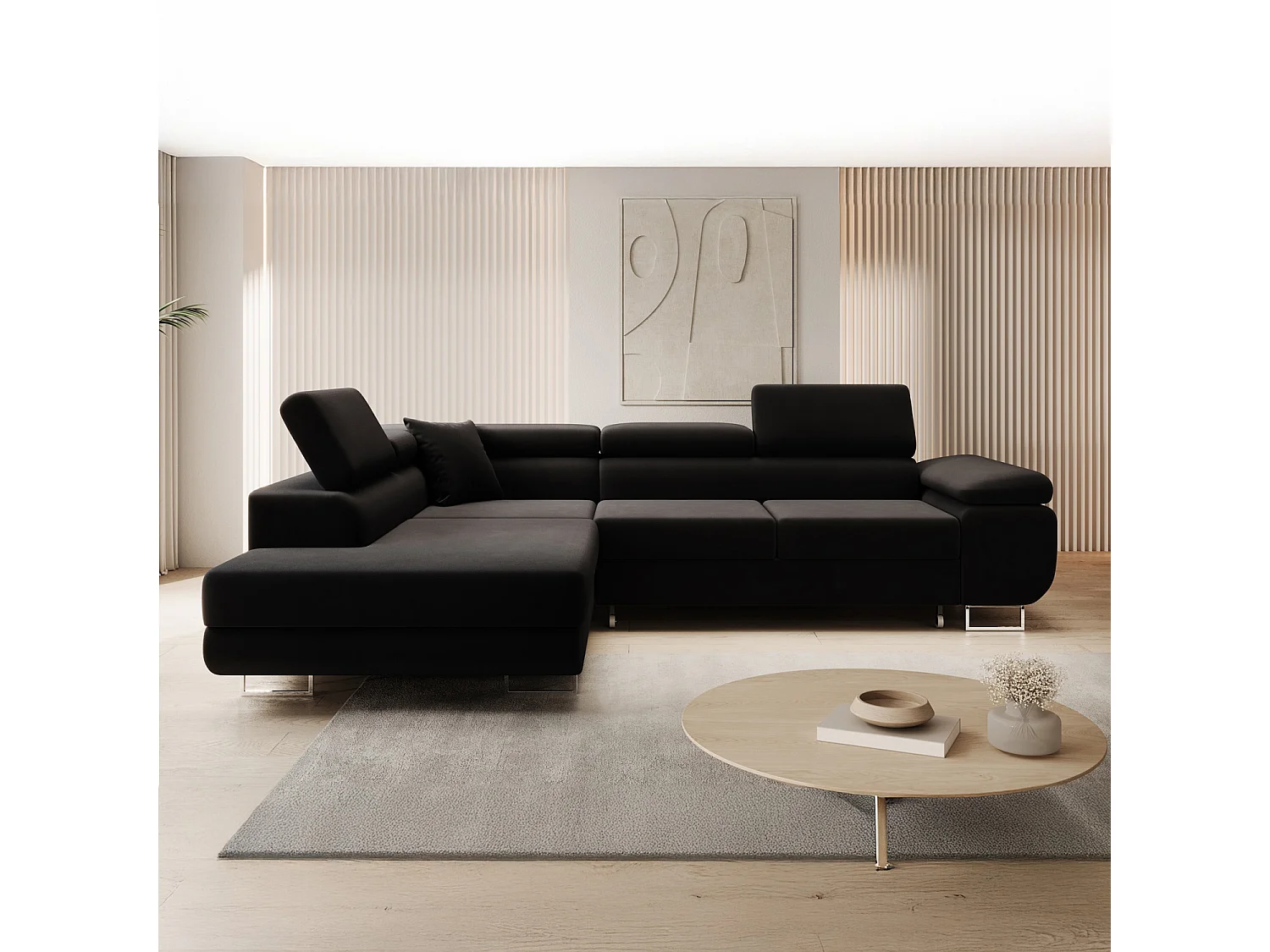 Canapé d'angle gauche convertible Marius velours Noir