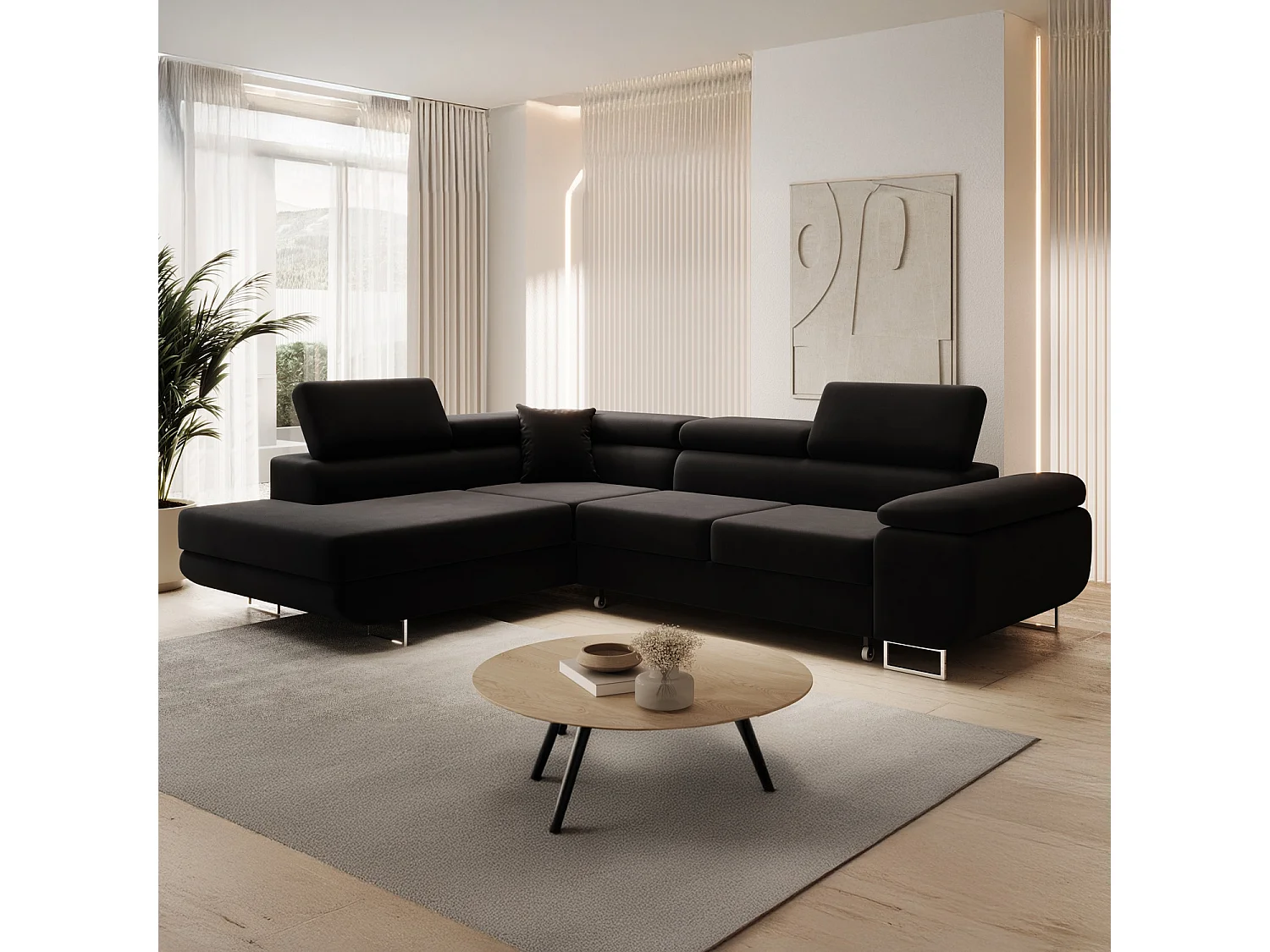 Canapé d'angle gauche convertible Marius velours Noir