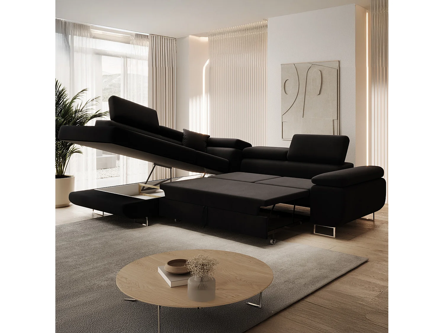 Canapé d'angle gauche convertible Marius velours Noir