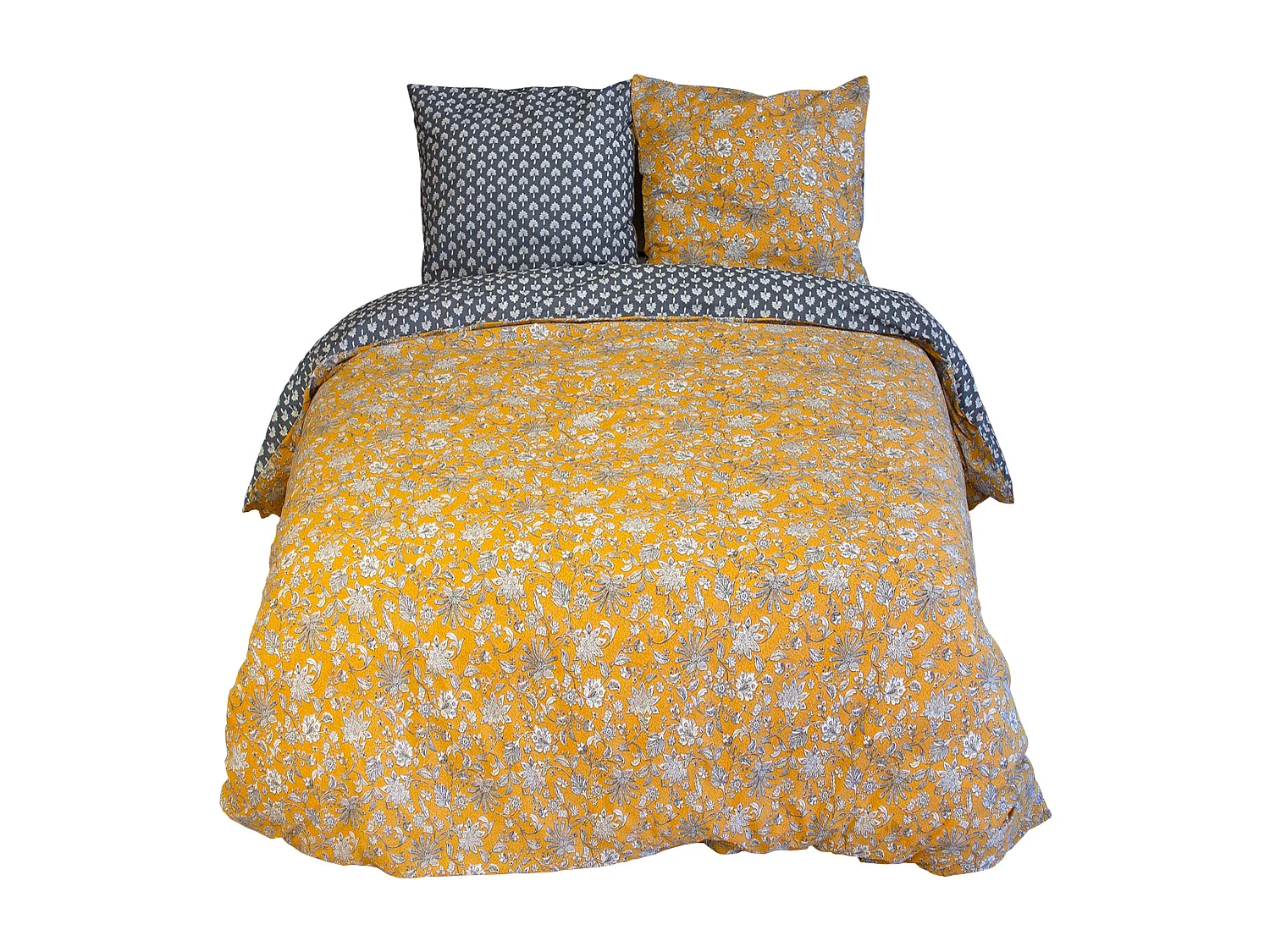 Parure de lit 260x240 cm pur coton ASCHWINI motif floral jaune 3 pièces