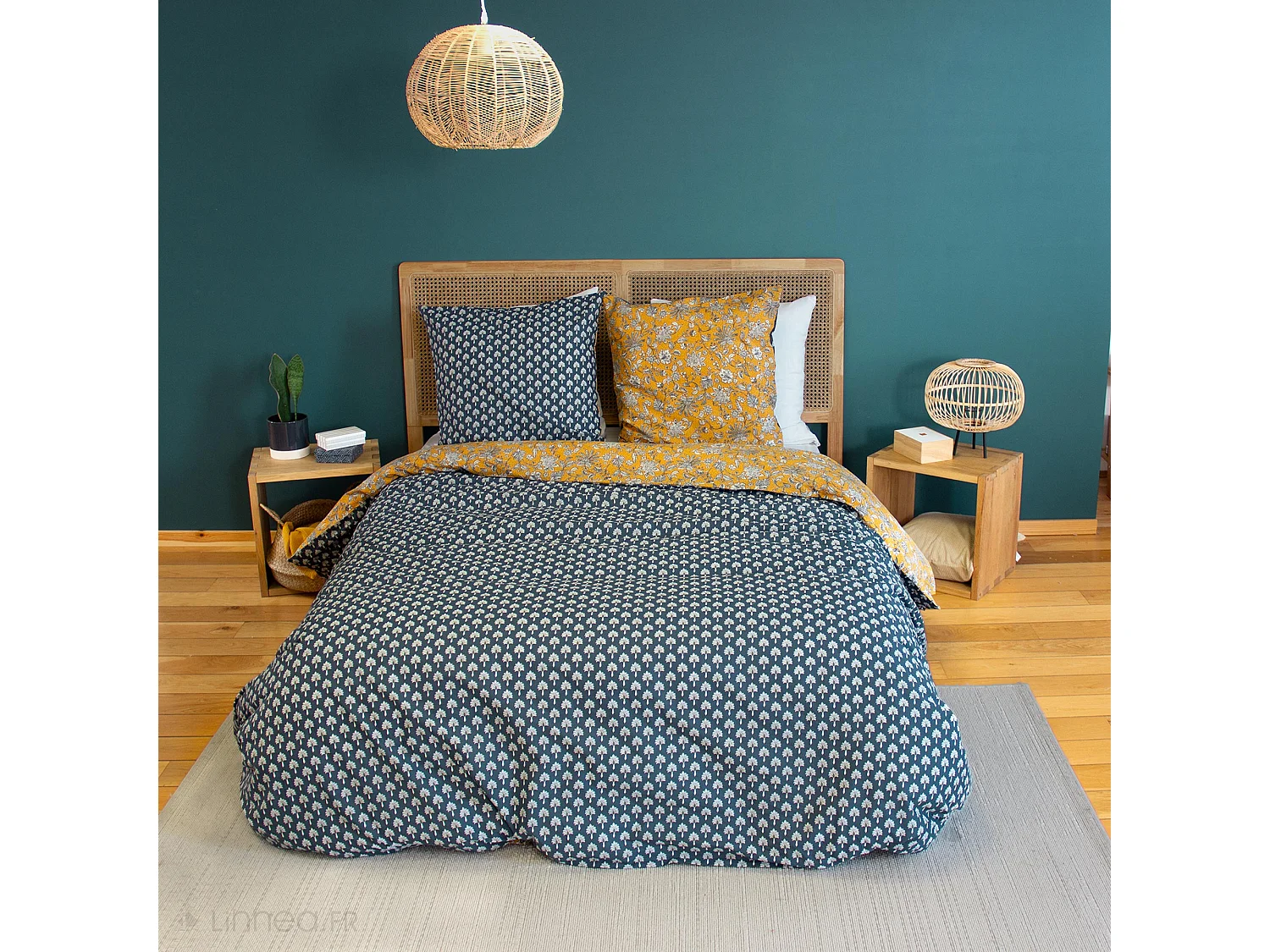 Parure de lit 260x240 cm pur coton ASCHWINI motif floral jaune 3 pièces