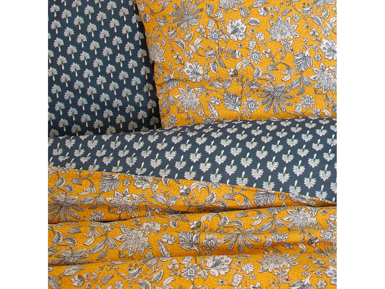 Parure de lit 260x240 cm pur coton ASCHWINI motif floral jaune 3 pièces