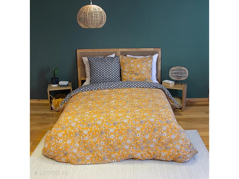 Parure de lit 260x240 cm pur coton ASCHWINI motif floral jaune 3 pièces