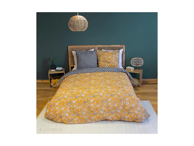 Parure de lit 240x220 cm pur coton ASCHWINI motif floral jaune 3 pièces